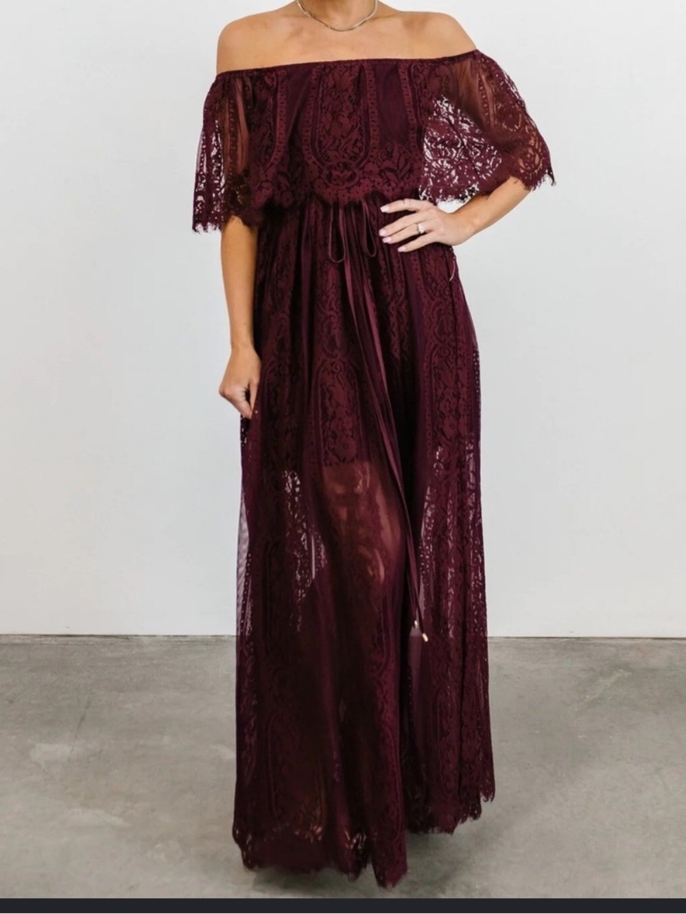 Baltic Born maroon lace off shoulder maxi dress size small ruffle top